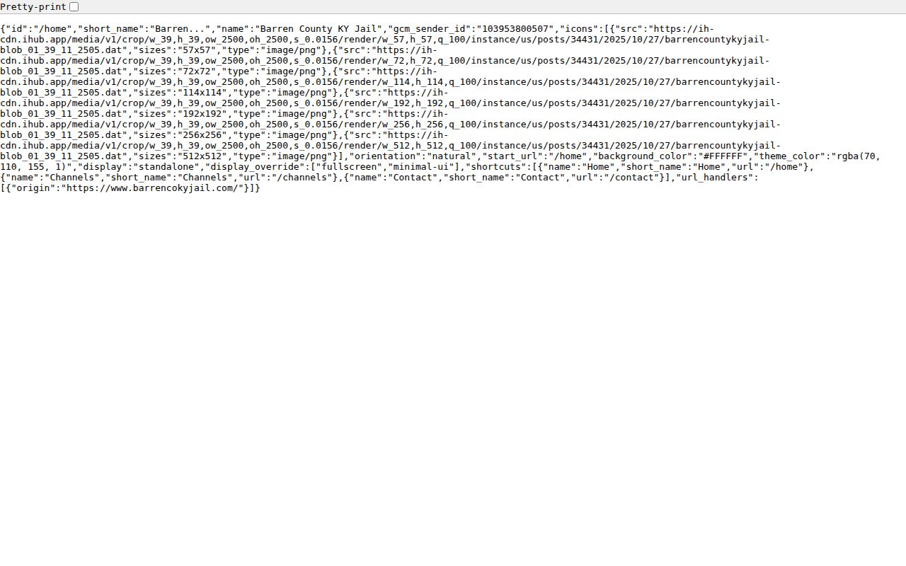 Metcalfe County 24-hour release source showing the Barren jail web app manifest